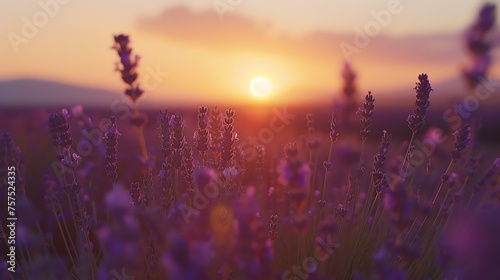 A beautiful field of lavender flowers in bloom at sunset. The warm colors of the sunset create a peaceful and serene atmosphere.