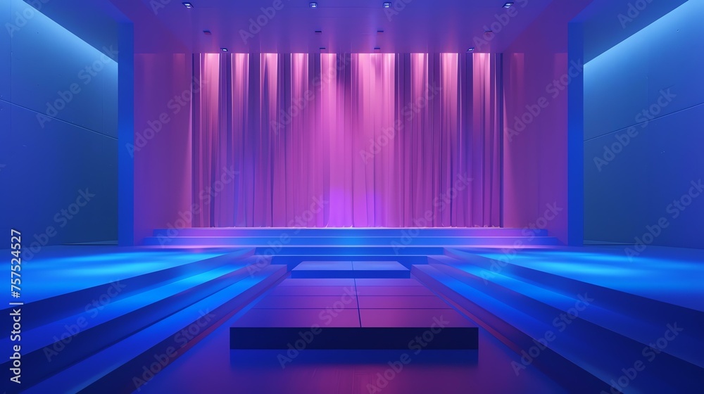 A large stage with a pink curtain in the background. The stage is lit by bright lights.
