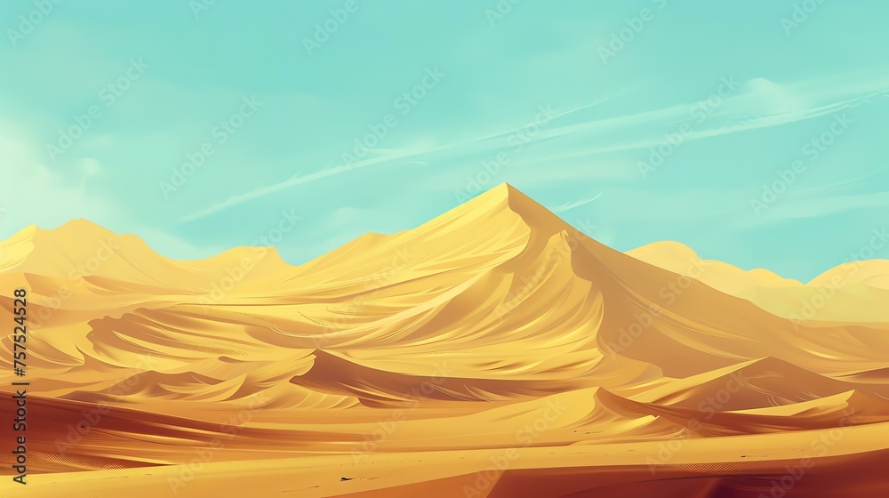 This is a beautiful landscape image of a desert with a large sand dune in the foreground and a clear blue sky with some faint clouds in the background - obrazy, fototapety, plakaty 