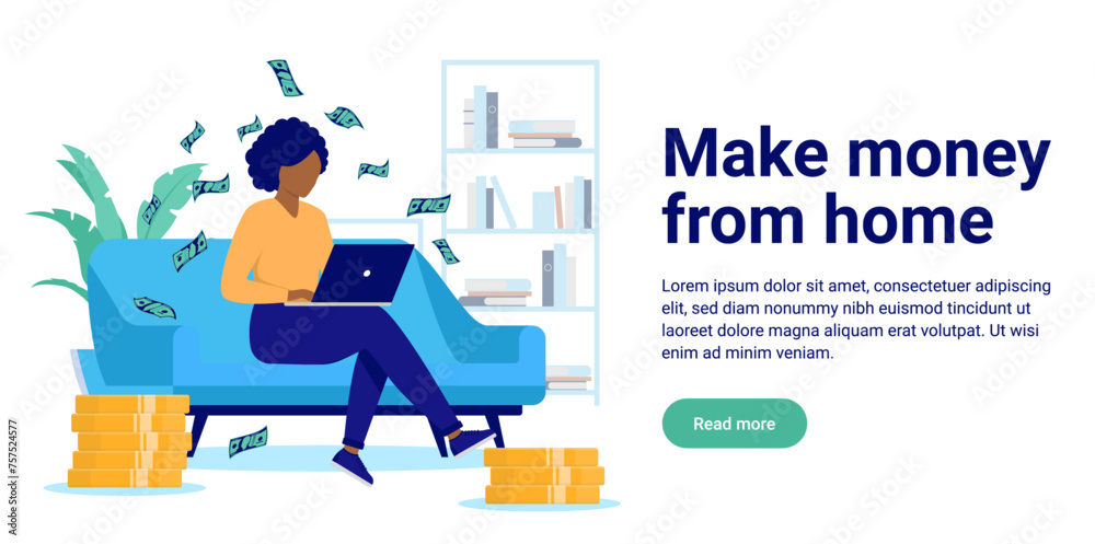 Make money online from home vector banner - Illustration of woman working on computer and money raining down in flat design with white background and copy space for text Make money online from home vector banner - Illustration of woman working on computer and money raining down in flat design with white background and copy space for text