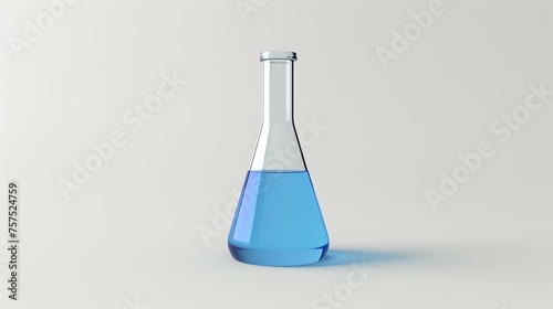3D rendering illustration of a wide-mouth graduated conical flask, three-quarters full with a blue liquid, on a white background with a soft shadow.