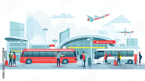 Flat vector scene A bustling bus station with passe
