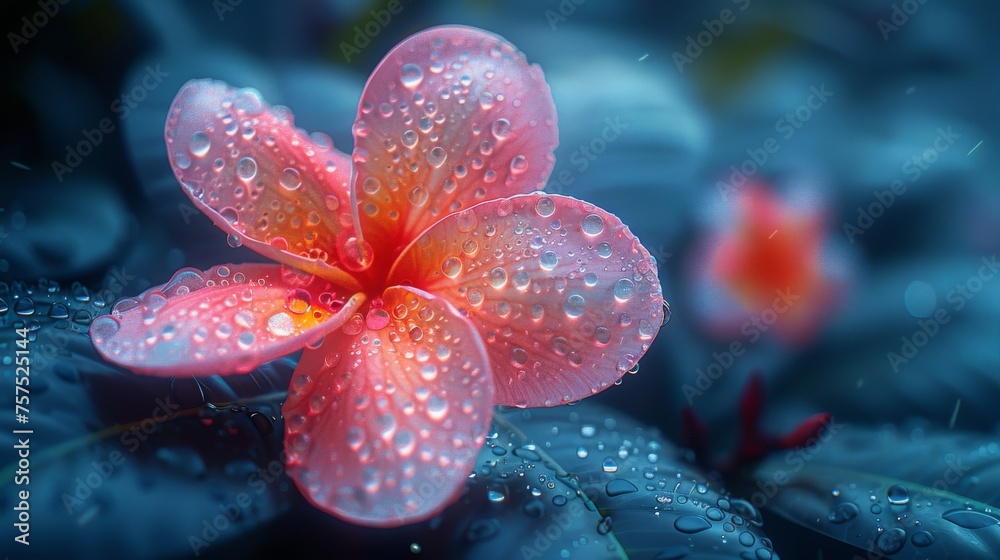 a close up of a pink flower with drops of water on it and a green leaf in the foreground.