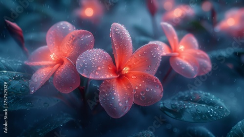 a close up of a flower with drops of water on it and a blurry image of leaves and flowers in the background.