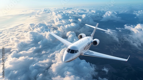 A sleek private jet soars through the fluffy white clouds at high speed.