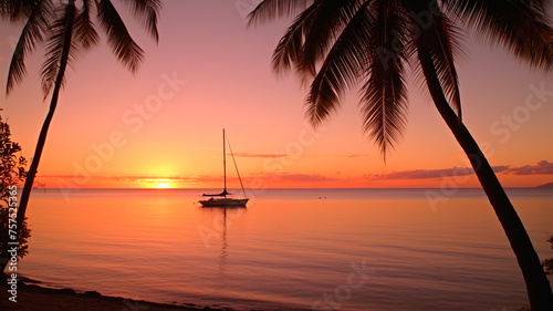 scenic view of sailboat in vibrant sunset over a tranquil sea