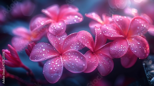 a close up of a bunch of flowers with water droplets on the petals and the petals on the petals are pink.