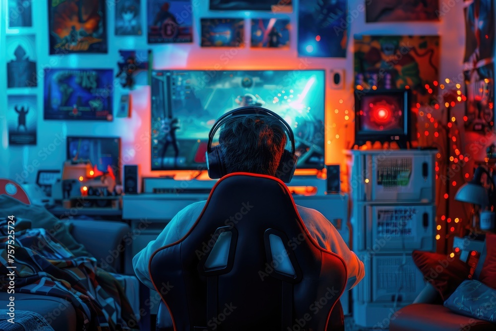 A gamer sitting in a gaming chair, surrounded by posters and memorabilia, completely in their element as they play against a vibrant azure background.