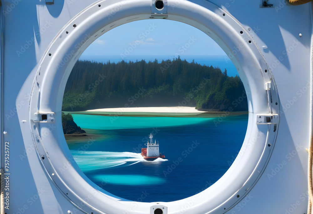 Oceanic water and small forested island is seen through a round portal of a ship