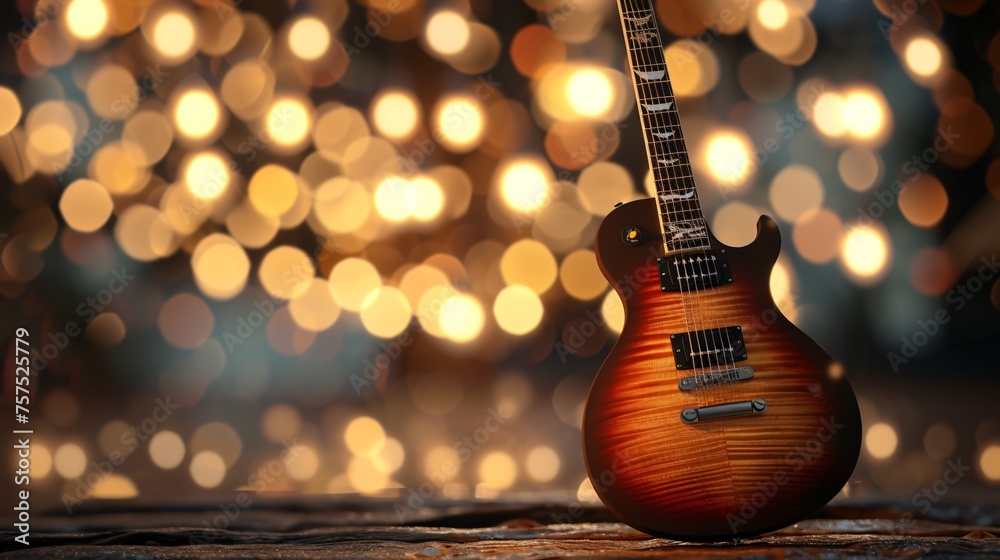 A beautiful sunburst Les Paul style electric guitar. The guitar is placed on a wooden surface with a blurred background of warm lights.