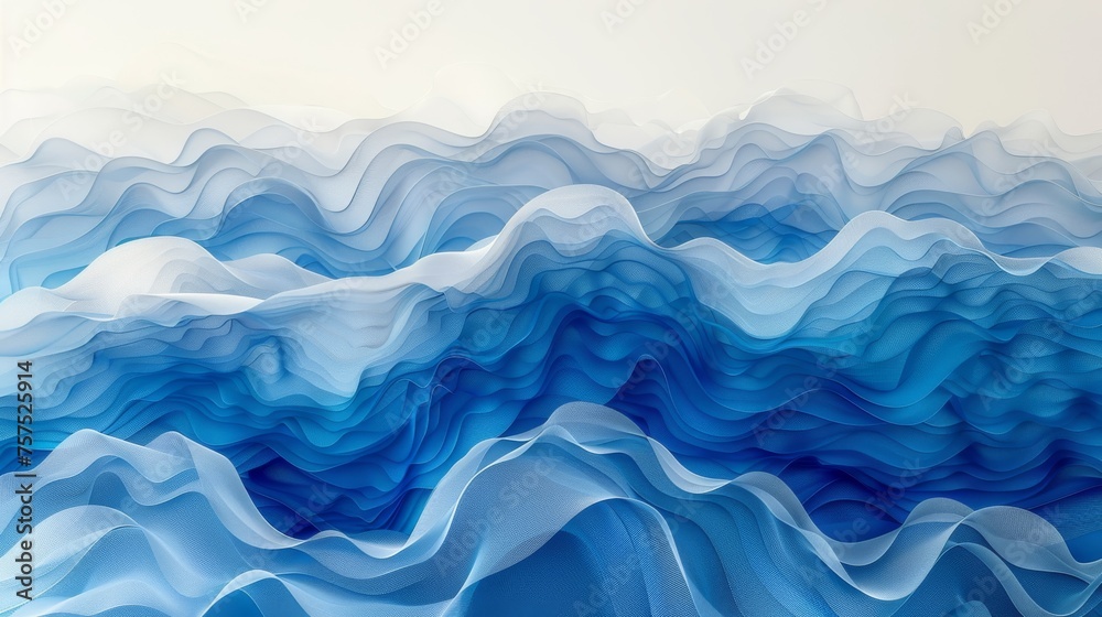 a painting of blue and white waves on a white background with a light blue sky in the middle of the picture. a painting of blue and white waves on a white background with a light blue sky in the middle of the picture.