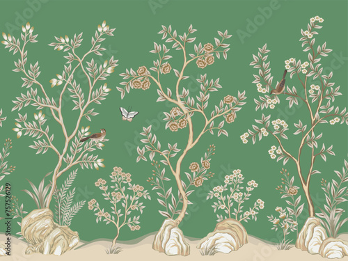 Vintage botanical garden floral tree, birds, butterfly, flower, plant seamless border green background. Exotic chinoiserie mural.