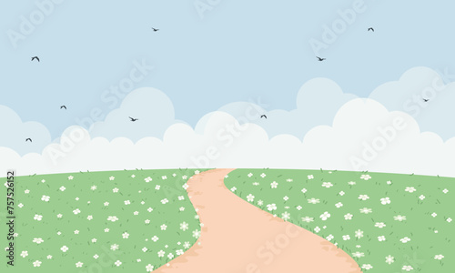 Cute kawaii green meadow landscape with daisies and white floral background