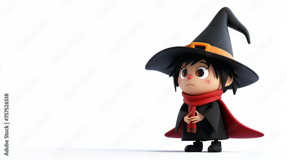 Little wizard boy with a black hat and red scarf looking away pensively. 3D rendering.