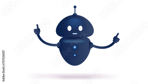 Cute vector robot - Simple black and blue futuristic character pointing with robotic fingers hovering in air on white background