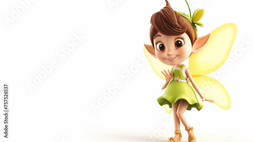 3D rendering of a cute cartoon fairy with brown hair and green dress, yellow butterfly wings and flower in her hair.