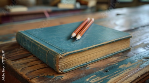 two pencils sitting on top of a book on top of a wooden table in front of a blurry background. photo