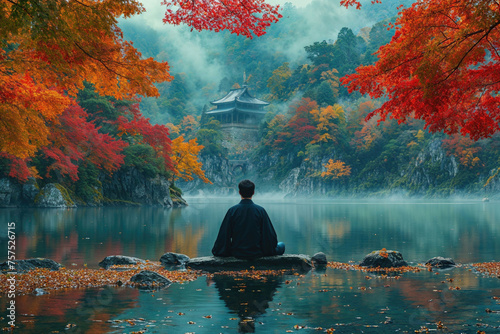 Serene Autumn Meditation by a Traditional Pagoda Lake. Generative AI image photo