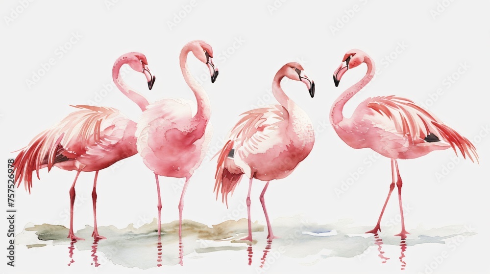 Four pink flamingos standing in a row on a white background.
