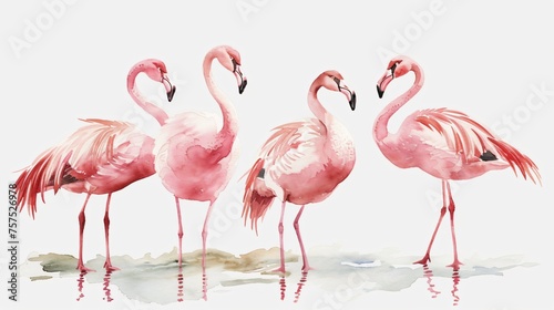 Four pink flamingos standing in a row on a white background.