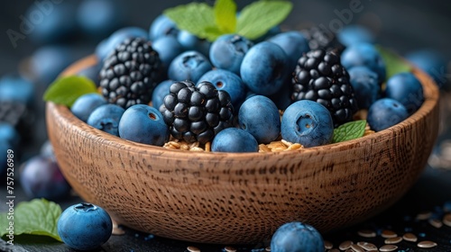 a wooden bowl filled with blueberries and blackberries on top of a table next to a leafy green leaf. photo