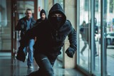 Thief man in black hoodie and mask robbing a bank with the gang running away