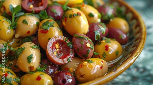 a close up of a bowl of olives with a garnish of parsley on top of them. photo