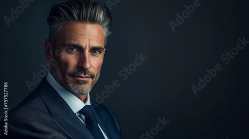 A handsome, confident man in a suit and tie looks directly at the camera with a slight smile. His hair is neatly combed and his beard is well-groomed. photo