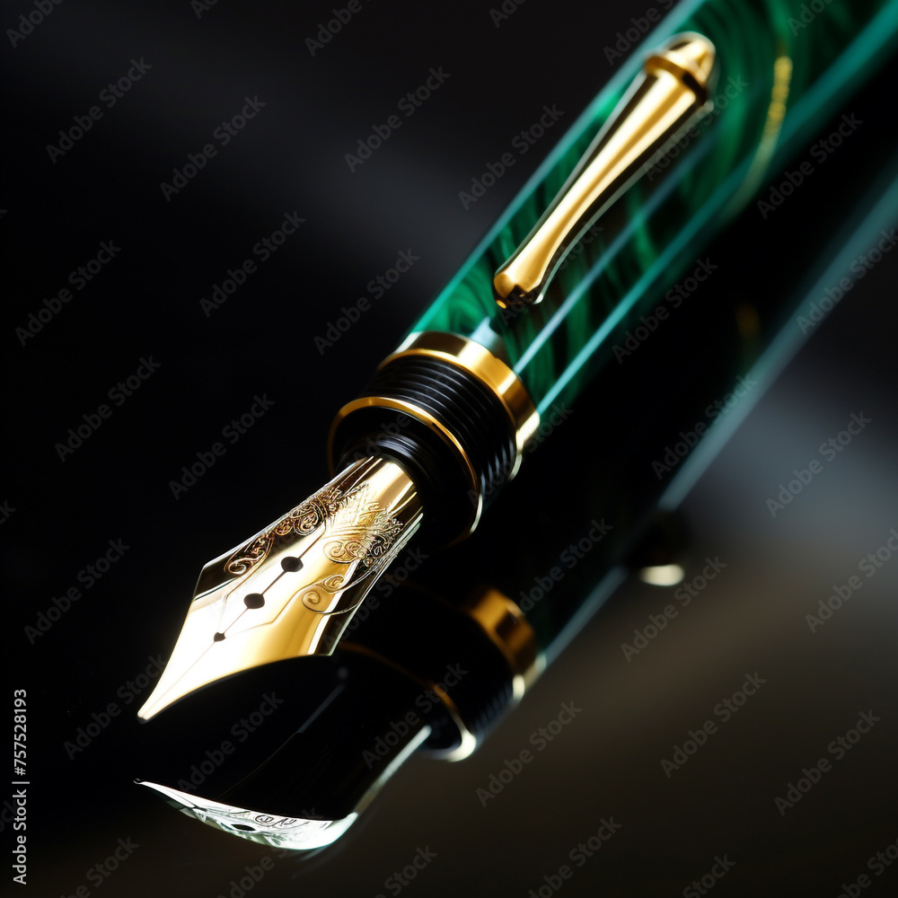 Naklejka premium close up of shining golden nib of green fountain pen сreated with Generative Ai