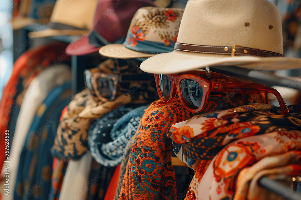 Fototapeta premium Row of Hats and Scarves Hanging on Rack