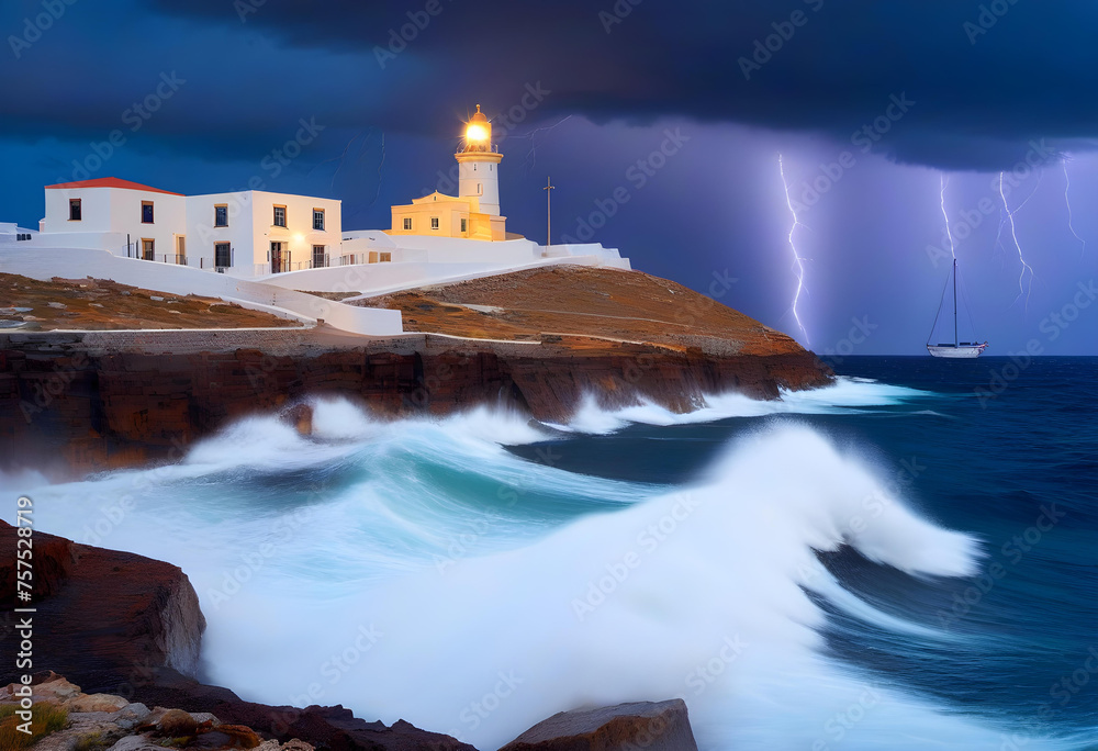 Storm at sea overlooking the lighthouse and ships.
