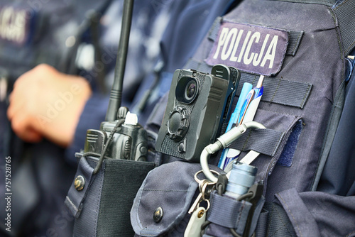 Kamera policyjna na mundurze policjanta. 
