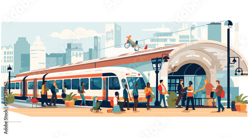 Flat vector scene A bustling train station during r