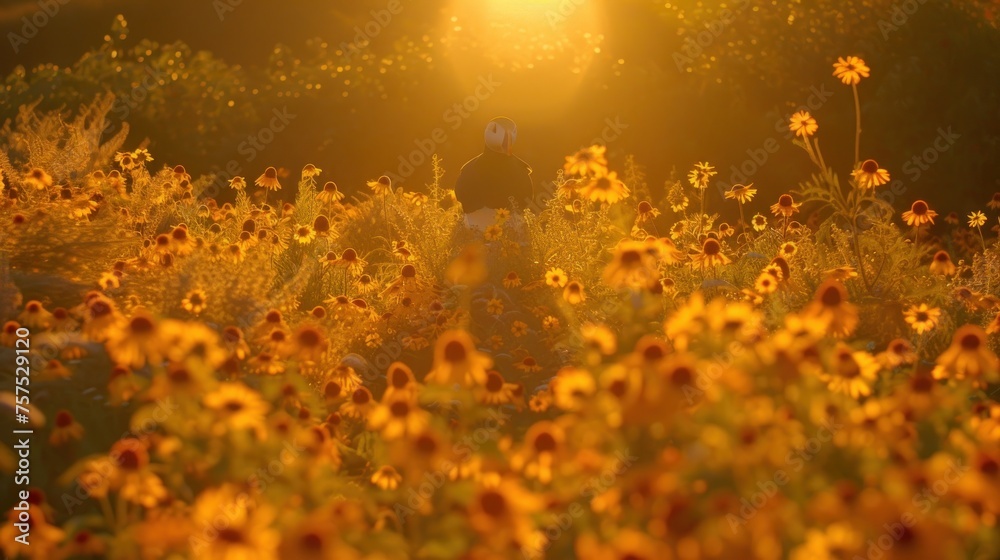 a man standing in a field of sunflowers with the sun shining through the trees and behind him is a field of sunflowers.