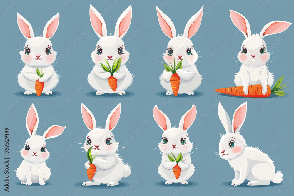Cute white bunny with carrot. Rabbit cartoon vector collection. Animal wildlife character set.