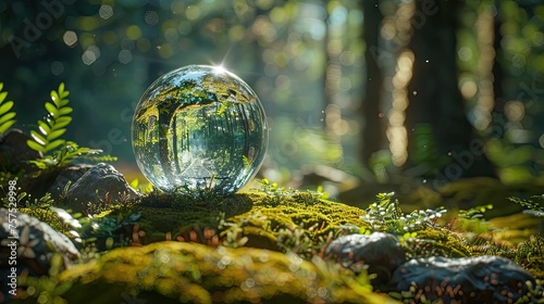 Hand holding a crystal glass sphere with green nature background. Earth day. Environment day, save clean planet, ecology concept.