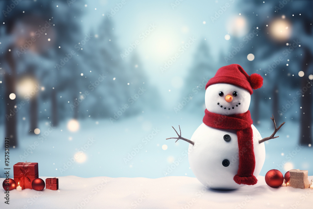 Christmas sign banner frame with minimalistic cute snowman Extreme low angle сreated with Generative Ai