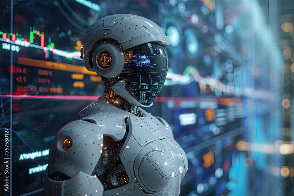 Artificial intelligence robot working at computer in office. IT team, Humanoid support center, Futuristic worker, Work at call center. Artificial intelligence robot working at computer in office. IT team, Humanoid support center, Futuristic worker, Work at call center.