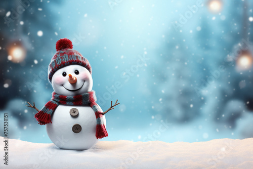 Christmas sign banner frame with minimalistic cute snowman Extreme low angle сreated with Generative Ai © Andrii Yablonskyi