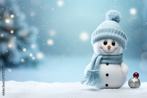 Christmas sign banner frame with minimalistic cute snowman Extreme low angle сreated with Generative Ai © Andrii Yablonskyi