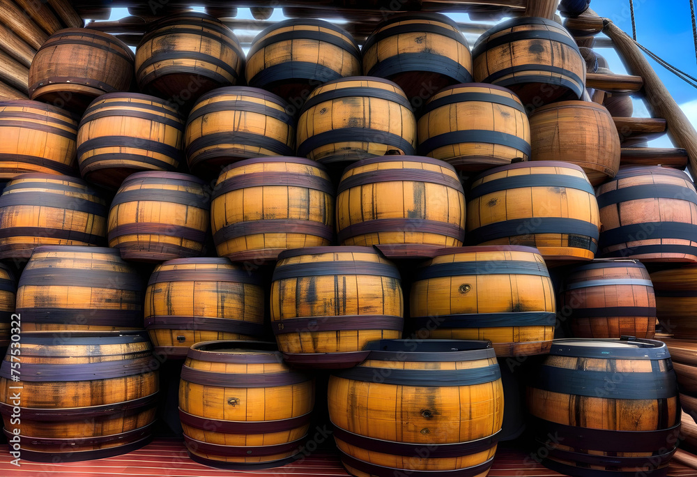 Barrels on the deck of pirates ship