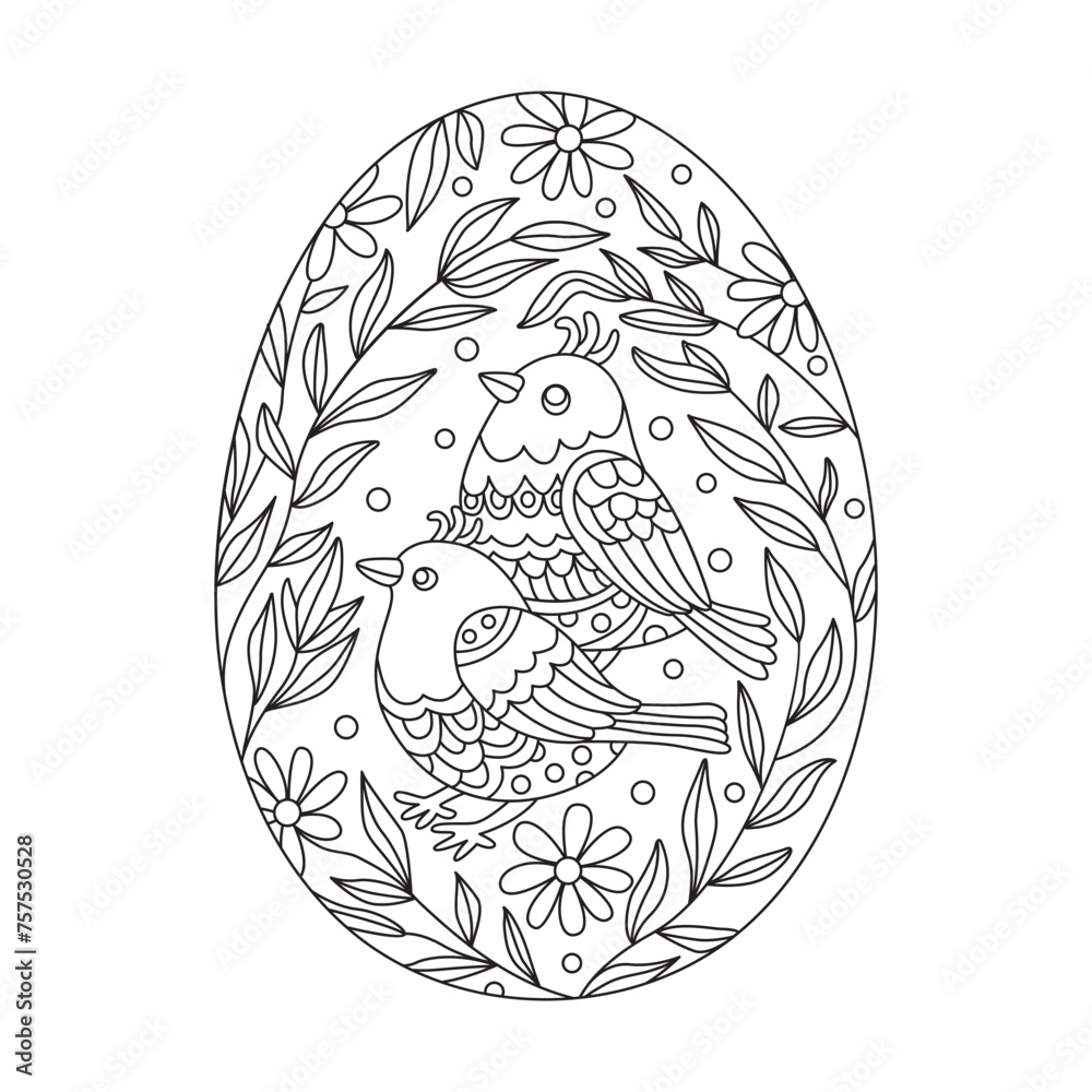 Cute egg decorated with birds and flowers. Great for Easter greeting cards, coloring books. Doodle hand drawn illustration black outline.