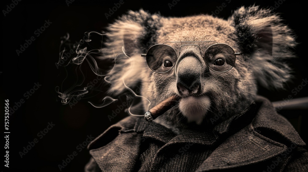 Fototapeta premium a koala wearing glasses and a jacket with a cigarette in its mouth and smoke coming out of its mouth.