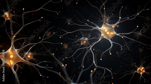 Neuron cells on dark background with glowing particles 
