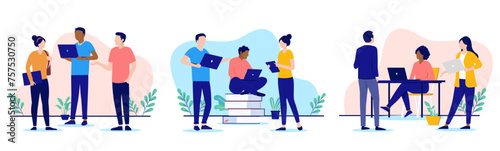 Work talk and discussion vector set - Illustrations with team of people talking and and working in office in casual business clothes. Office work concept in flat design with white background