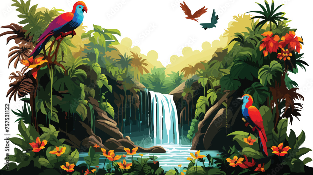 Flat vector scene A lush rainforest with exotic pla - obrazy, fototapety, plakaty 