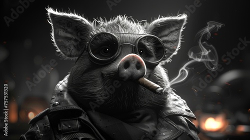 a pig wearing glasses and a leather jacket smoking a cigarette with a cigarette holder in his mouth and a cigarette in his mouth. © Nadia
