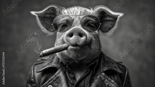 a black and white photo of a pig wearing glasses and a leather jacket with a cigarette in it's mouth. photo