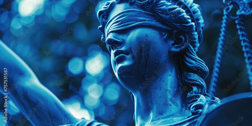 Stark Act: Duotone Blue Lady Justice Statue with White Text. Law & Lawyer Symbol of Justice Figure & Law Symbolism - obrazy, fototapety, plakaty 