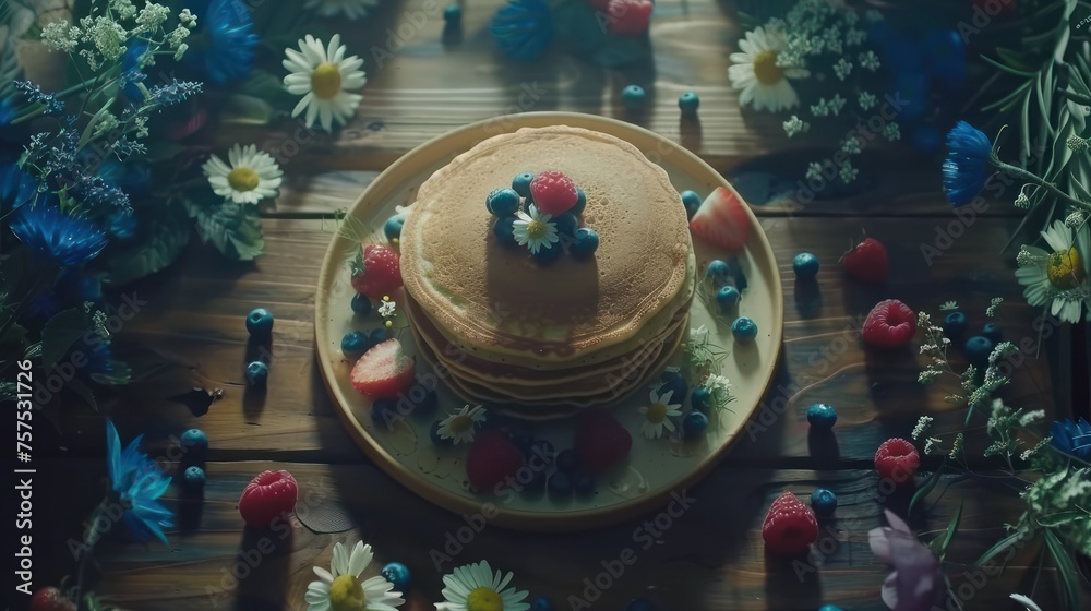 a stack of pancakes sitting on top of a yellow plate covered in blue and red icing surrounded by flowers.